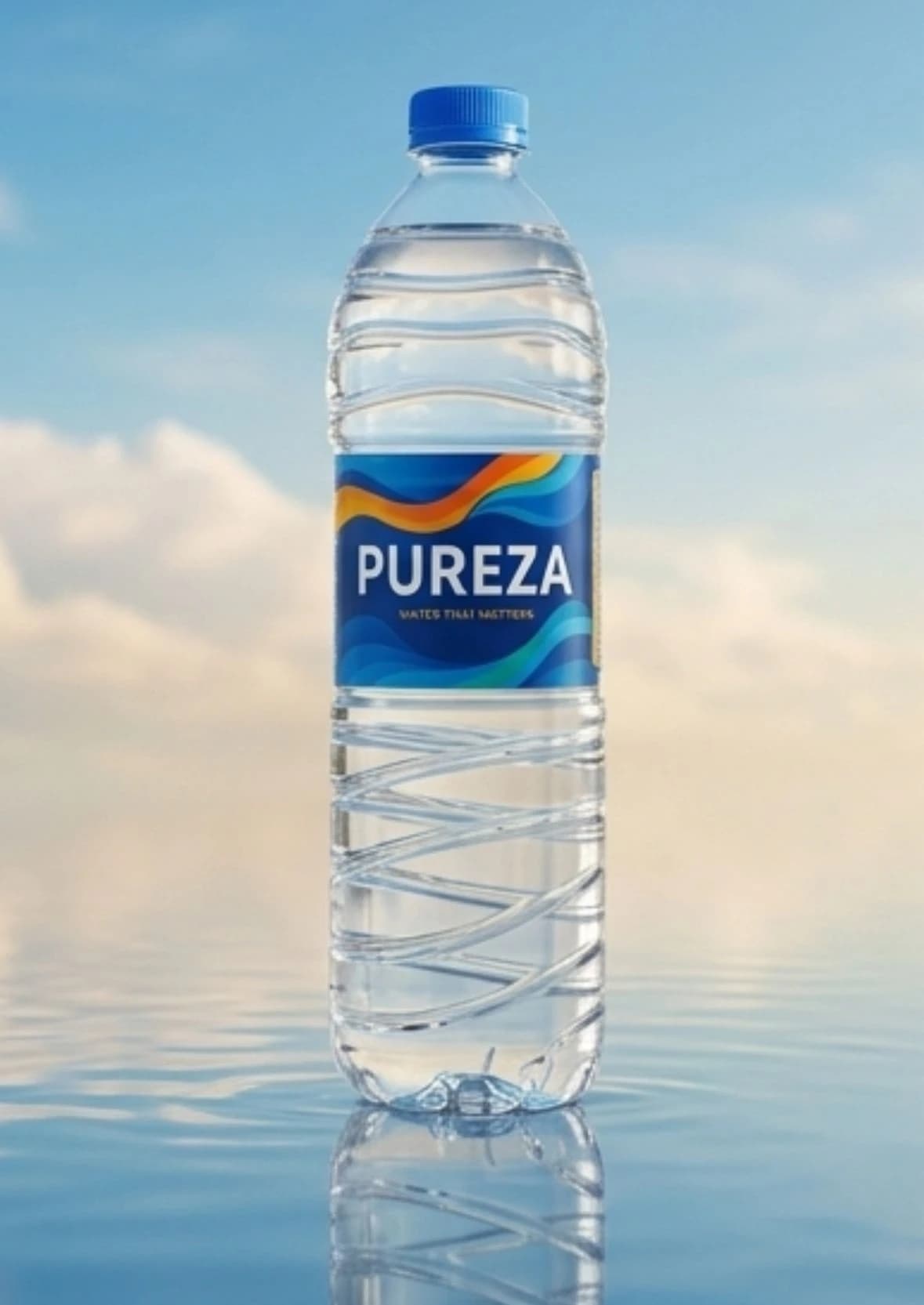 A bottle of PUREZA Classic mineral drinking water above calm water