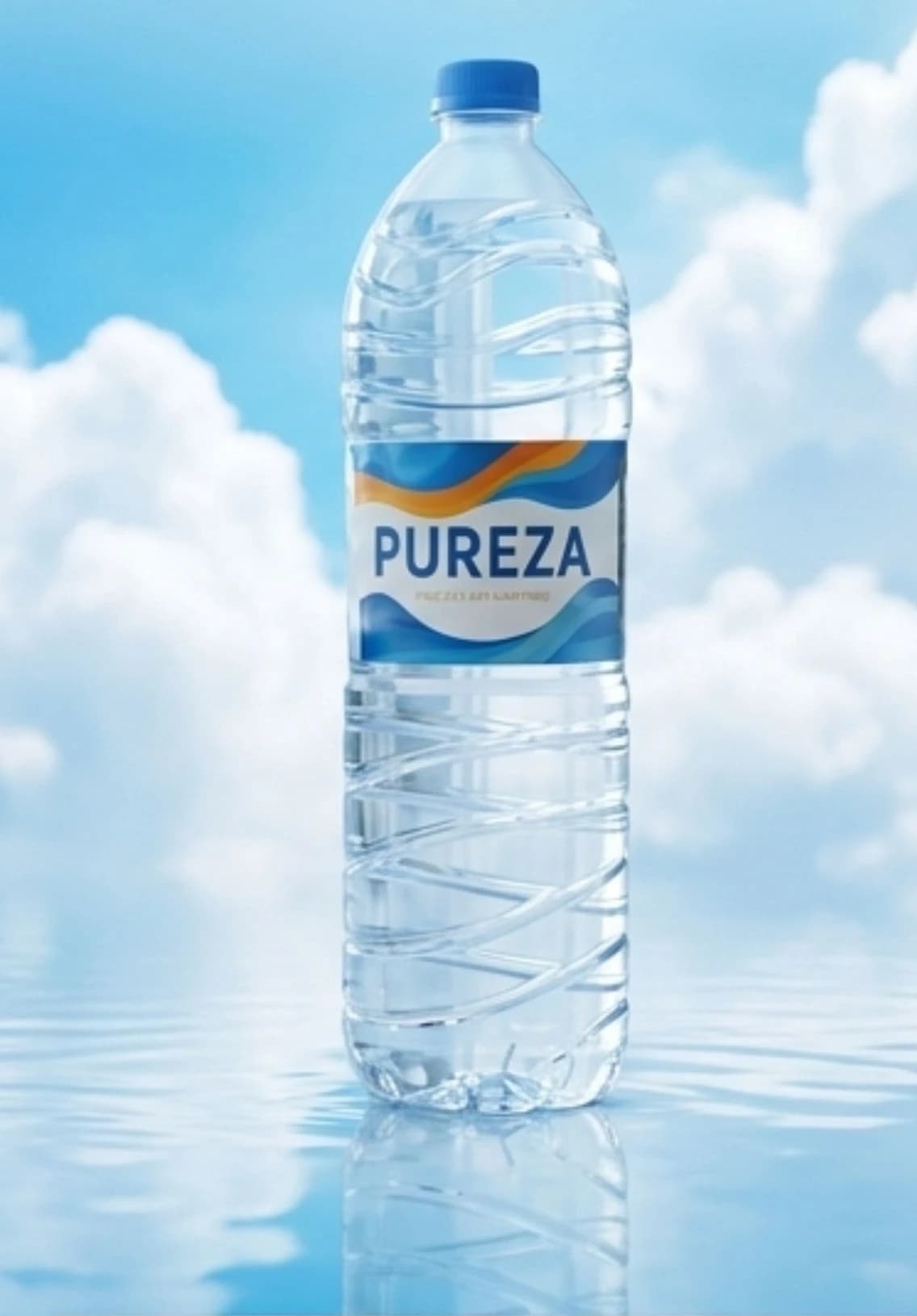 A bottle of PUREZA Original mineral drinking water against a bright sky