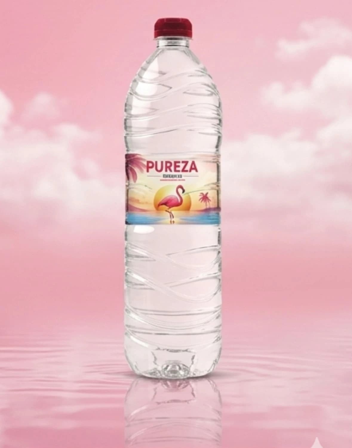 A bottle of PUREZA Reserve, with its flamingo and sunset label