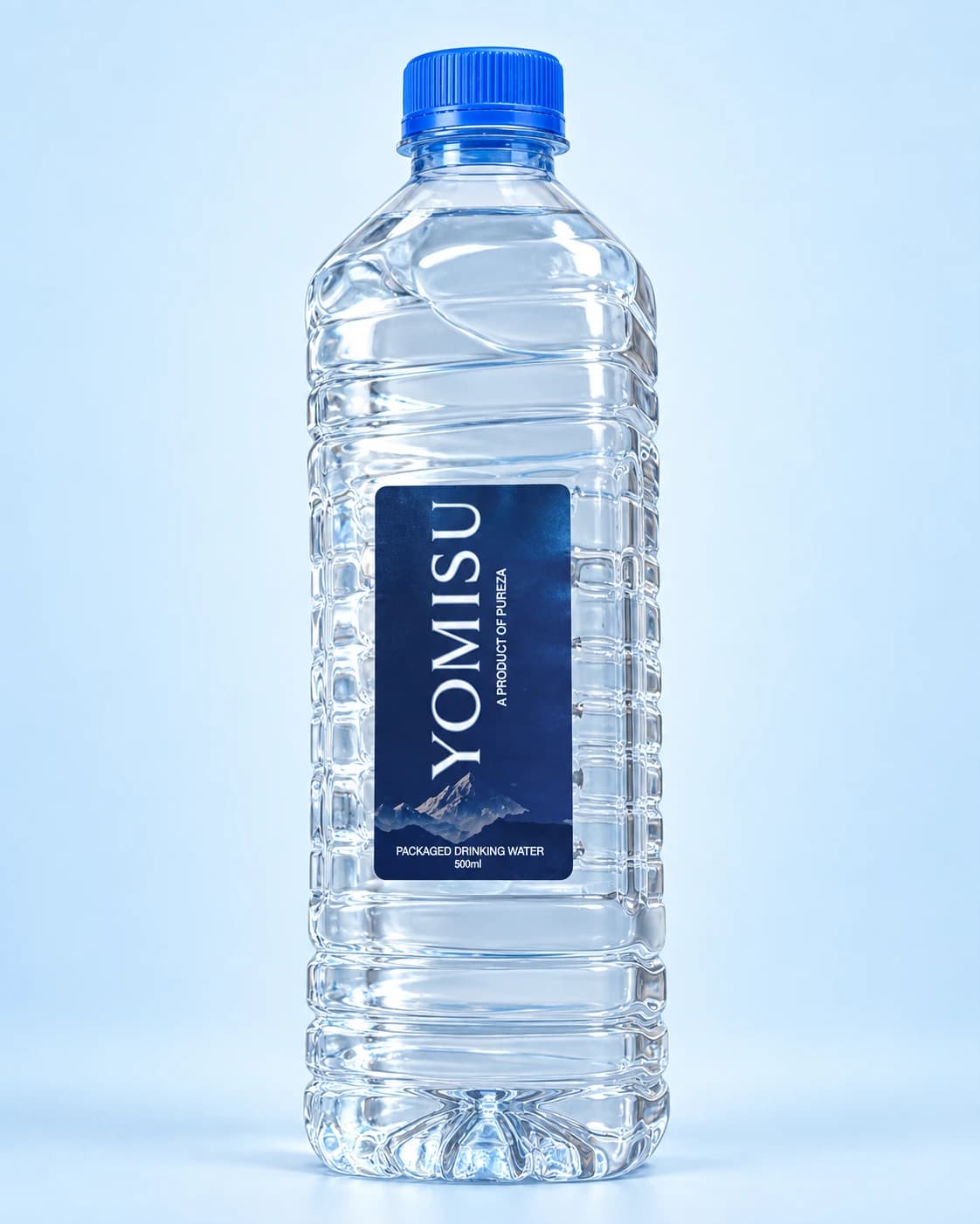 YOMISU packaged drinking water bottle with a blue cap and vertical navy label