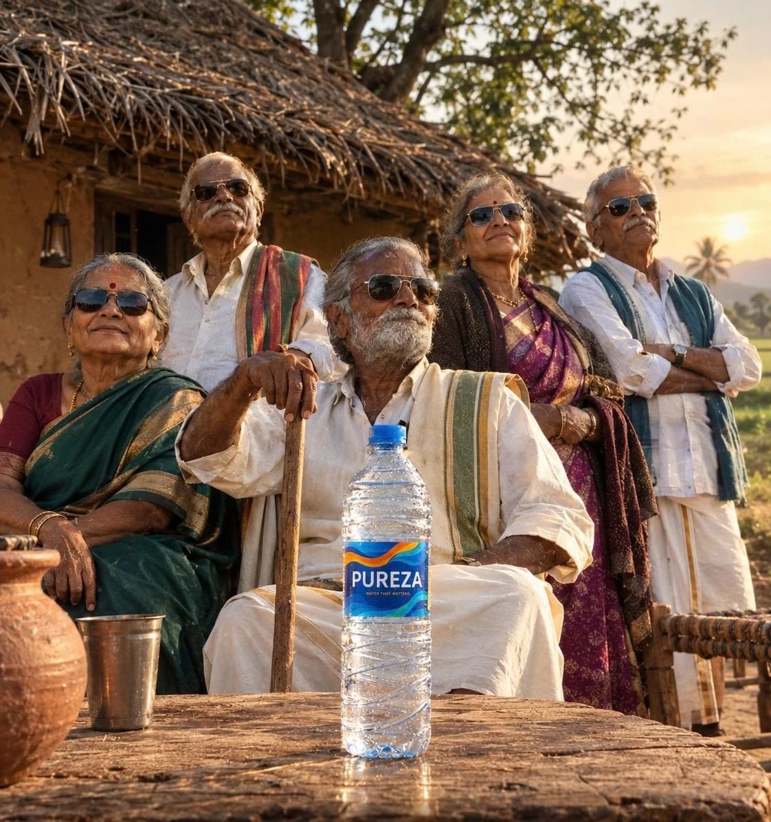 సాయంత్రం పల్లెటూరి ఇంటి ముందు కలిసి కూర్చున్న ఐదుగురు పెద్దలు; వారి ముందున్న బల్లపై PUREZA బాటిల్